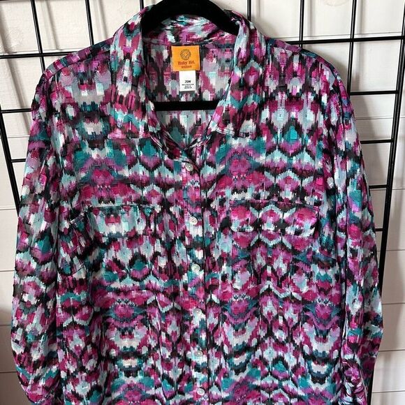 Ruby Rd Button Front Semi Sheer‎ Roll Sleeve Tunic Blouse Womens 20W Purple - Picture 3 of 12